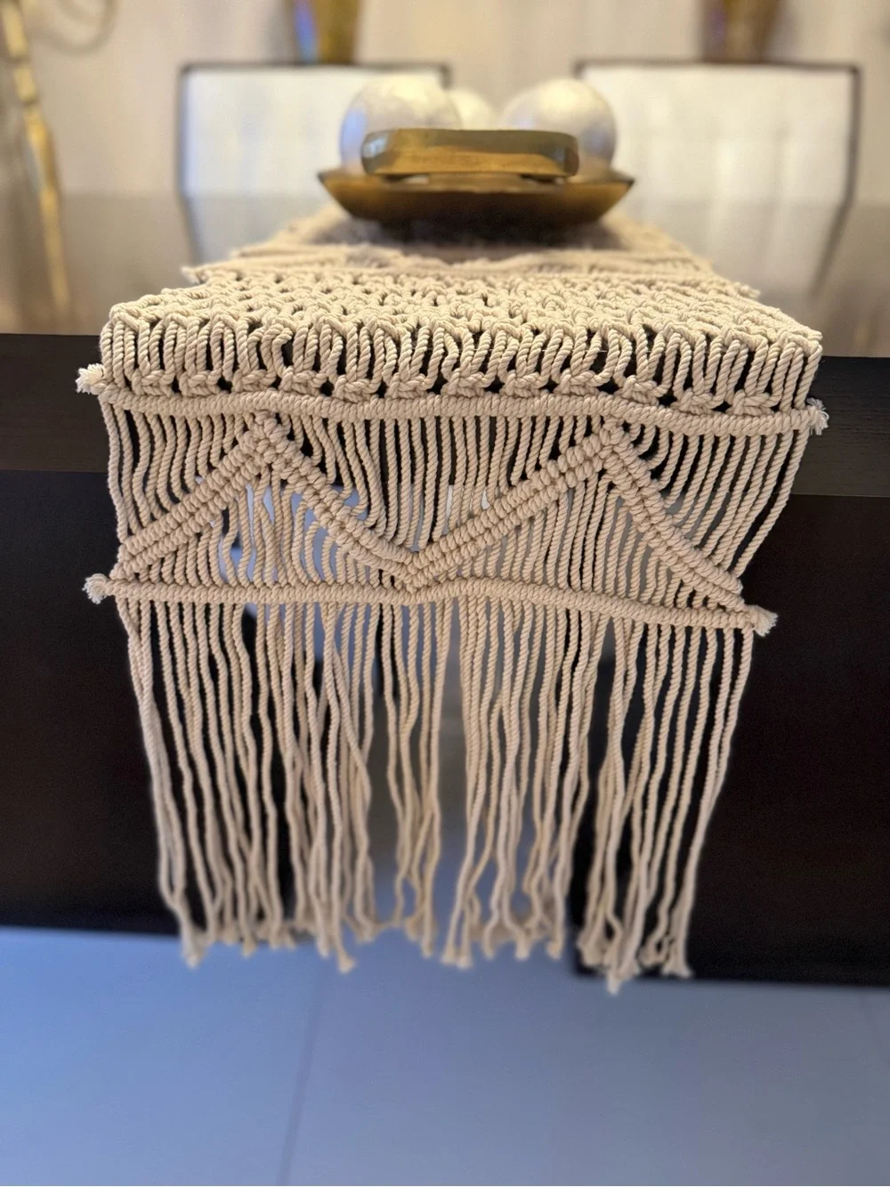 Handwoven Macramé Table Runner Boho Fringe Cotton Linen Natural Cream Rope Spain